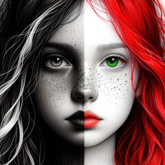 Nice combind black and white painted draw portrait of young redhead girl with green eyes close up maked with artificial intelligence - 756004480
