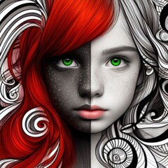 Nice combind black and white painted draw portrait of young redhead girl with green eyes close up maked with artificial intelligence - 756004491