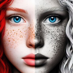 Nice combind black and white painted draw portrait of young redhead girl with green eyes close up maked with artificial intelligence - 756004497