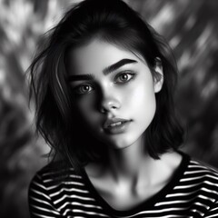 Black and white portrait of young girl in style made with artificial intelligence  - 756004602