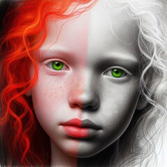 Nice combind black and white painted draw portrait of young redhead girl with green eyes close up maked with artificial intelligence - 756004611