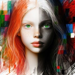 Nice combind black and white painted draw portrait of young redhead girl with green eyes close up maked with artificial intelligence - 756004619