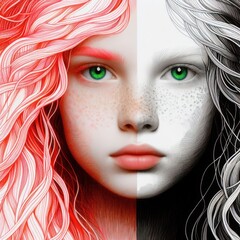 Nice combind black and white painted draw portrait of young redhead girl with green eyes close up maked with artificial intelligence - 756004636