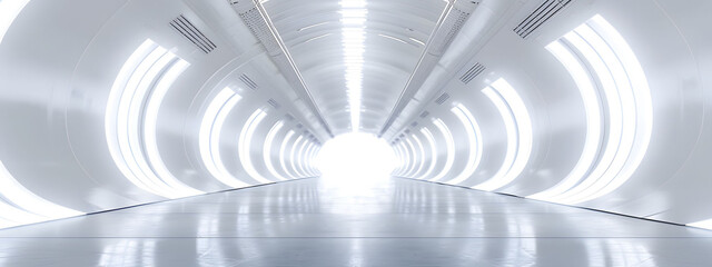 Empty 3D room with a white background, featuring a futuristic technology tunnel stage floor. Abstract space corridor with a silver road element creates a captivating and modern interior scene.