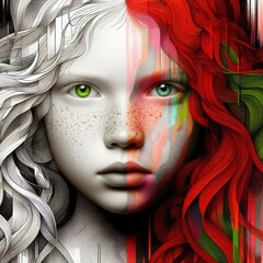 Nice combind black and white painted draw portrait of young redhead girl with green eyes close up maked with artificial intelligence - 756004647