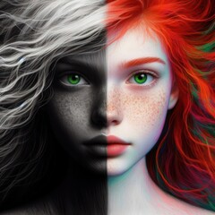 Nice combind black and white painted draw portrait of young redhead girl with green eyes close up maked with artificial intelligence - 756004649