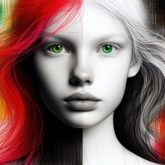 Nice combind black and white painted draw portrait of young redhead girl with green eyes close up maked with artificial intelligence - 756004656