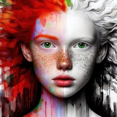 Nice combind black and white painted draw portrait of young redhead girl with green eyes close up maked with artificial intelligence  - 756004659