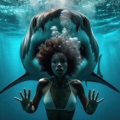 Underwater shot of young girl in water and big white shark behind the back, danger and fear of nature, maked with artificial intelligence - 756004673