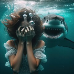 Underwater shot of young girl in water and big white shark behind the back, danger and fear of nature, maked with artificial intelligence - 756004681