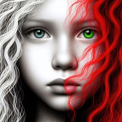 Nice combind black and white painted draw portrait of young redhead girl with green eyes close up maked with artificial intelligence  - 756004691