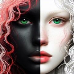 Nice combind black and white painted draw portrait of young redhead girl with green eyes close up maked with artificial intelligence  - 756004815