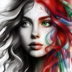 Nice combind black and white painted draw portrait of young redhead woman with green eyes close up maked with artificial intelligence  - 756004828