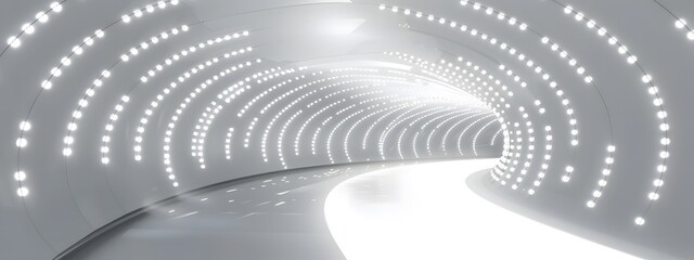 Empty 3D room with a white background, featuring a futuristic technology tunnel stage floor. Abstract space corridor with a silver road element creates a captivating and modern interior scene.