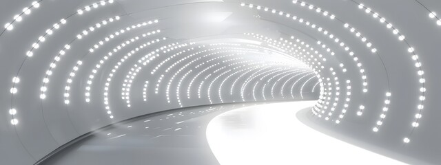 Fototapeta premium Empty 3D room with a white background, featuring a futuristic technology tunnel stage floor. Abstract space corridor with a silver road element creates a captivating and modern interior scene.