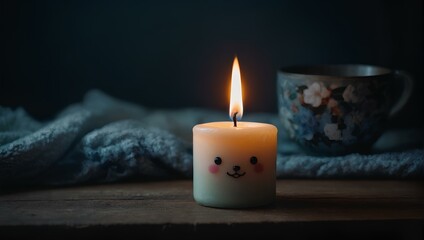 Fototapeta na wymiar Cute burning candle on a black.