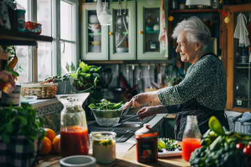 Happy elderly woman preparing a vegan smoothie. Senior woman making green smoothie.