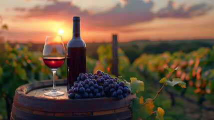 Fototapeta premium Romantic sunset with wine, grapes and appetizers with mountain landscape, gardens and vineyards on the background