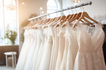 Beautiful elegant luxury bridal dress on hangers in bridal shop boutique salon, closeup shot - obrazy, fototapety, plakaty