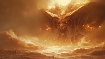 A large demon with a face of fire is standing on top of the ocean, AI