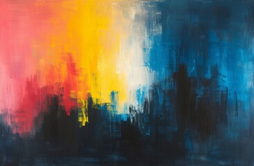 Vibrant Abstract Painting of Yellow, Red, Blue, and Black Colors on a Dark Background