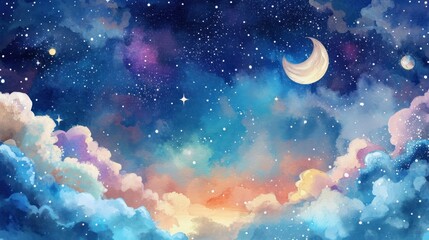 Obraz na płótnie Canvas Colorful cosmic sky with a moon, stars, and fluffy clouds. Watercolor illustration.