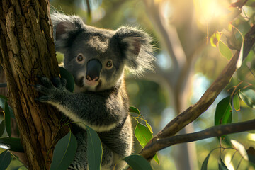 Naklejka premium a delighted koala cuddled up in the crook of a tree branch, its fuzzy ears perked up with curiosity