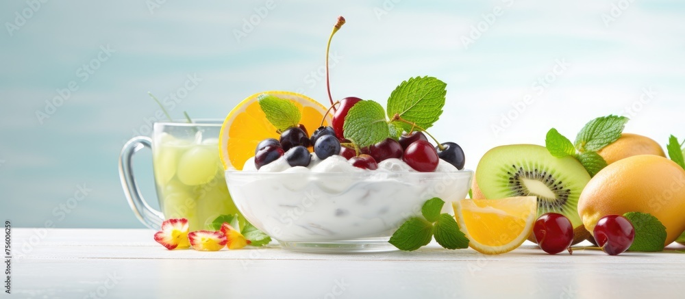 Poster a bowl of yogurt topped with fruit sits alongside a cup of juice on a table. the food items are surr