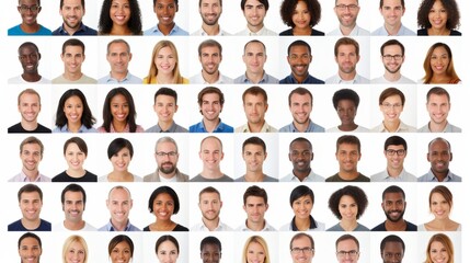 Fototapeta premium Group of diverse smiling men and women headshots on white background, facing camera for portraits
