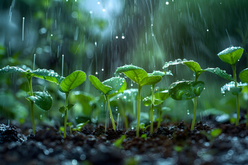 a gentle rain shower falling on newly sprouted leaves, nourishing the earth and bringing renewed life to the landscape - obrazy, fototapety, plakaty