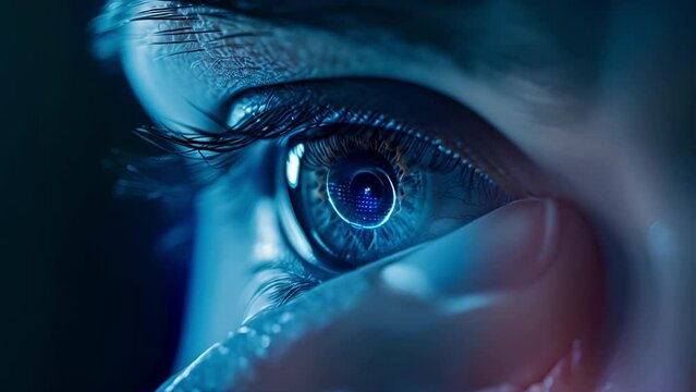 Macro close up pushing towards a contact lens that has a built in heads up display, or HUD, for augmented reality being activated on a woman's eye with a dark background