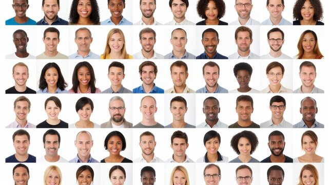 Group of diverse smiling men and women headshots on white background, facing camera for portraits