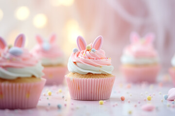 cupcakes pastel pour les fêtes de Pâques, avec un glaçage et toping en forme d'oreilles de lapin de Pâques, avec des perles en sucre colorées. Fond festif rose et or flouté. Fêtes pascales. - obrazy, fototapety, plakaty