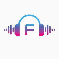 F letter Headphones with sound wave with Pulse music player element. Logo template electronic music, equalizer, store, dj, nightclub, disco. Audio wave logo concept, Abstract Shape vector
