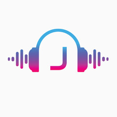 J letter Headphones with sound wave with Pulse music player element. Logo template electronic music, equalizer, store, dj, nightclub, disco. Audio wave logo concept, Abstract Shape vector
