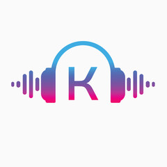 K letter Headphones with sound wave with Pulse music player element. Logo template electronic music, equalizer, store, dj, nightclub, disco. Audio wave logo concept, Abstract Shape vector