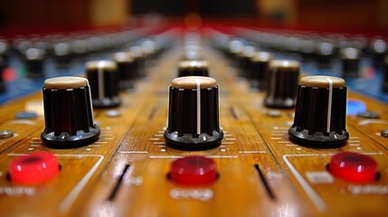 A close up of a mixing board with knobs and buttons, AI