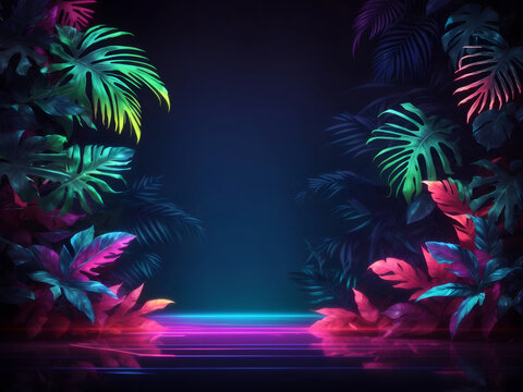 Night neon empty background design, tropical leaves design.