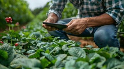 Man Checking Phone in Field of Crops, To showcase the integration of technology in modern farming, specifically through the use of smartphones and