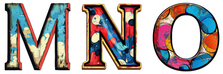 Letters M, N, O in Comic Book Style Isolated on Transparent or White Background, PNG