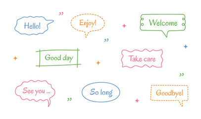Hand-drawn doodle line simple balloon frames for text title. Set of vector colorful text boxes, speech bubbles, and comic clouds, isolated on a white background.