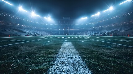 Night Football Stadium with Lights On, To showcase the atmosphere of a football game at night, emphasizing the bright lights and the contrast between - obrazy, fototapety, plakaty