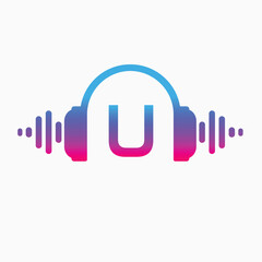 U letter Headphones with sound wave with Pulse music player element. Logo template electronic music, equalizer, store, dj, nightclub, disco. Audio wave logo concept, Abstract Shape vector