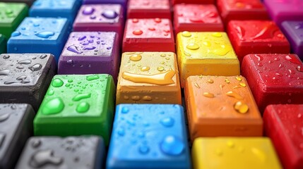 A close up of a bunch of colorful blocks with water droplets on them, AI