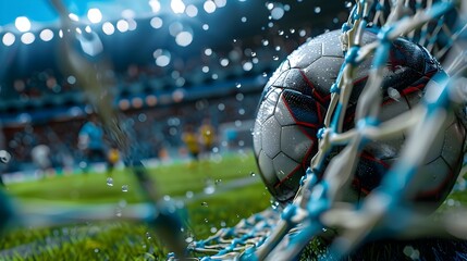 Soccer Ball and Net in the Rain A Glimpse into Unreal Engine 5s Realistic Still Lifes, To convey a sense of motion and action in a sports setting, - obrazy, fototapety, plakaty
