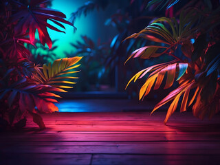 Fototapeta na wymiar Night neon empty background design, tropical leaves design.