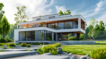 Fototapeta na wymiar Stylish Modern House on Hilltop with Grassland, To provide a high-quality, visually appealing image of a modern house in a natural setting, suitable