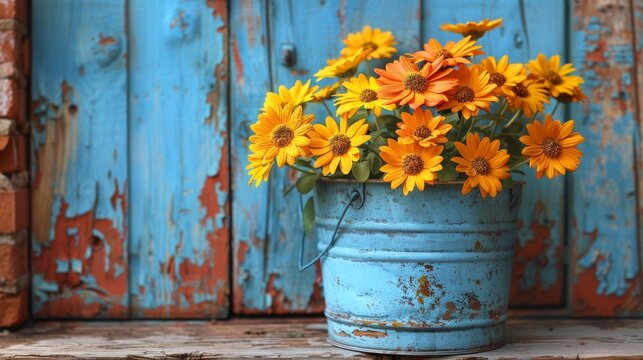 A bucket of flowers in a blue metal can sitting on top of wood, AI