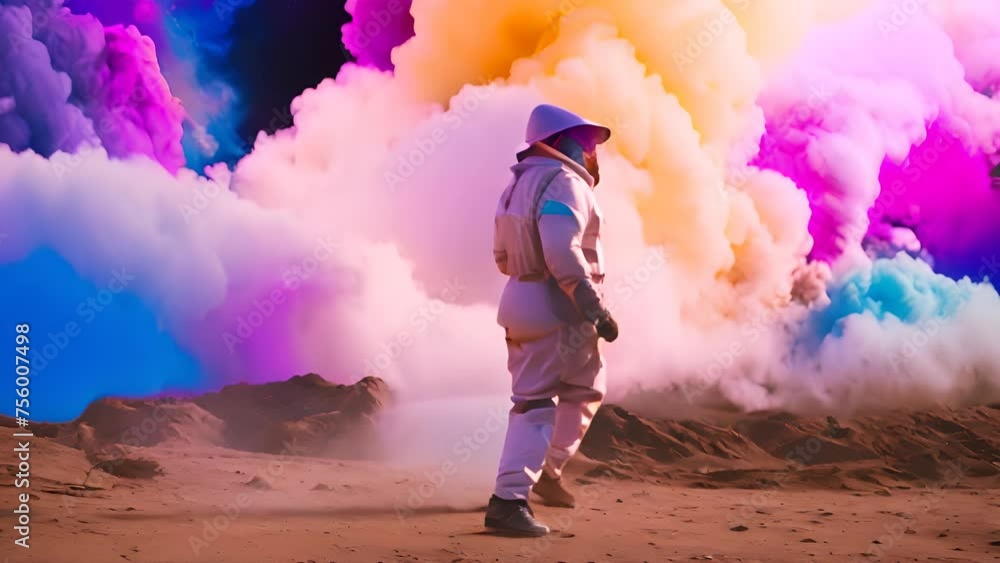 Aufkleber astronaut in space suit standing in front of colorful smoke generative ai