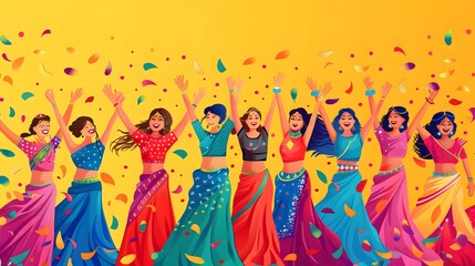 Women in Colorful Saris Dancing with Confetti in Cartoon Illustrations, This image would be perfect for adding a festive and cultural touch to any - obrazy, fototapety, plakaty